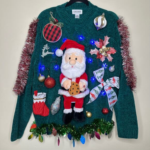 Ugly Christmas Sweater Singing Santa LIGHTS UP Tacky Tinsel Xmas Party Winner - Picture 1 of 5